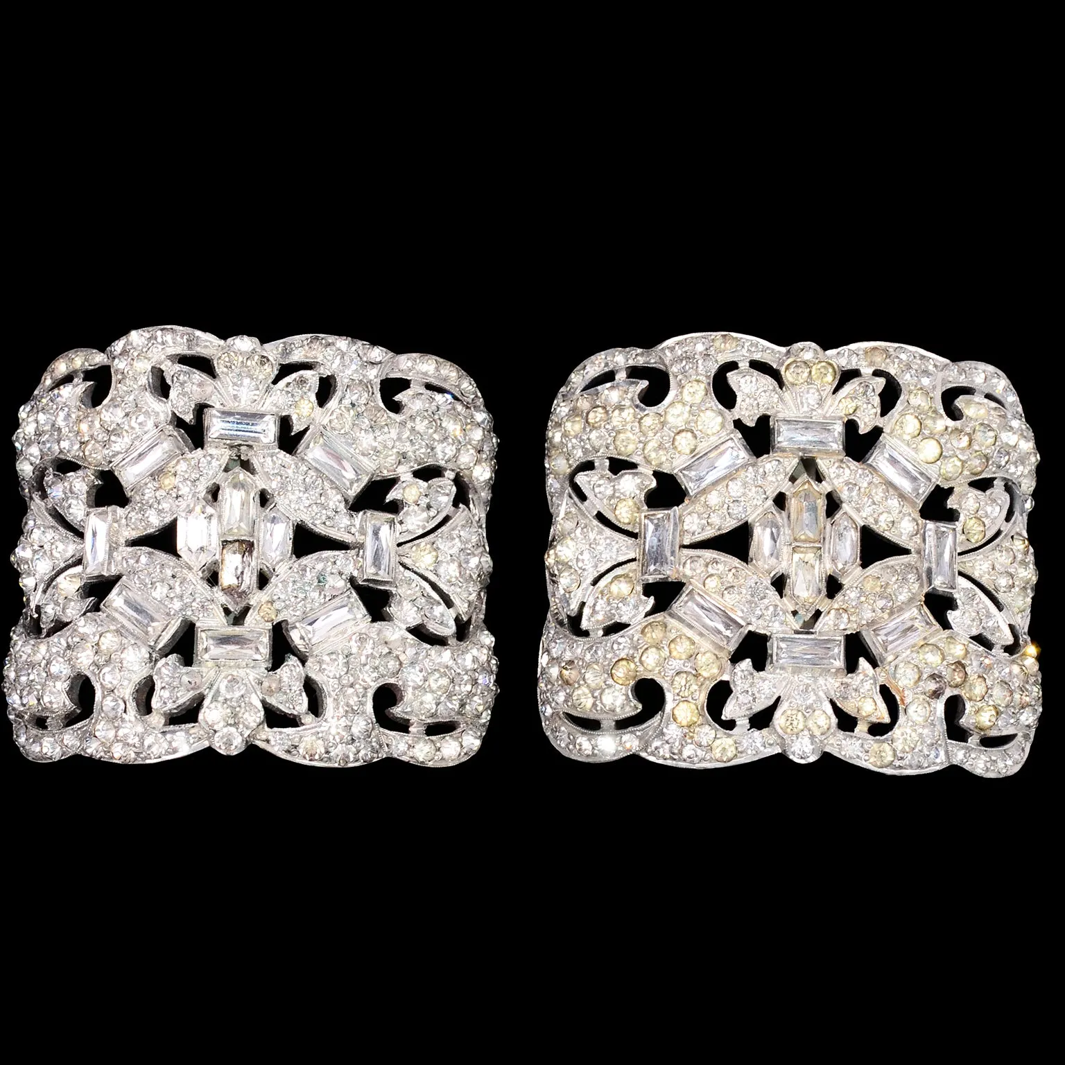 2 Pair of Antique Rhinestone & Crystal Fancy Shoe Buckles in Original Box