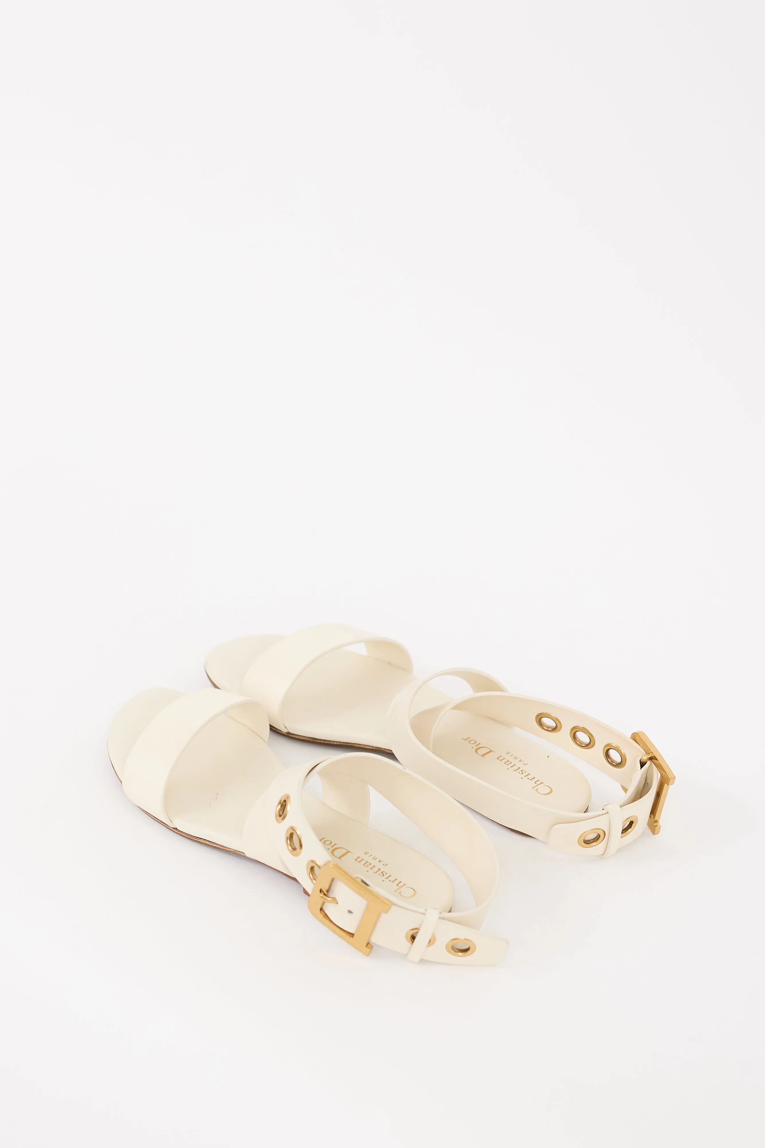 2019 White & Gold Leather D-Dior Buckled Sandal