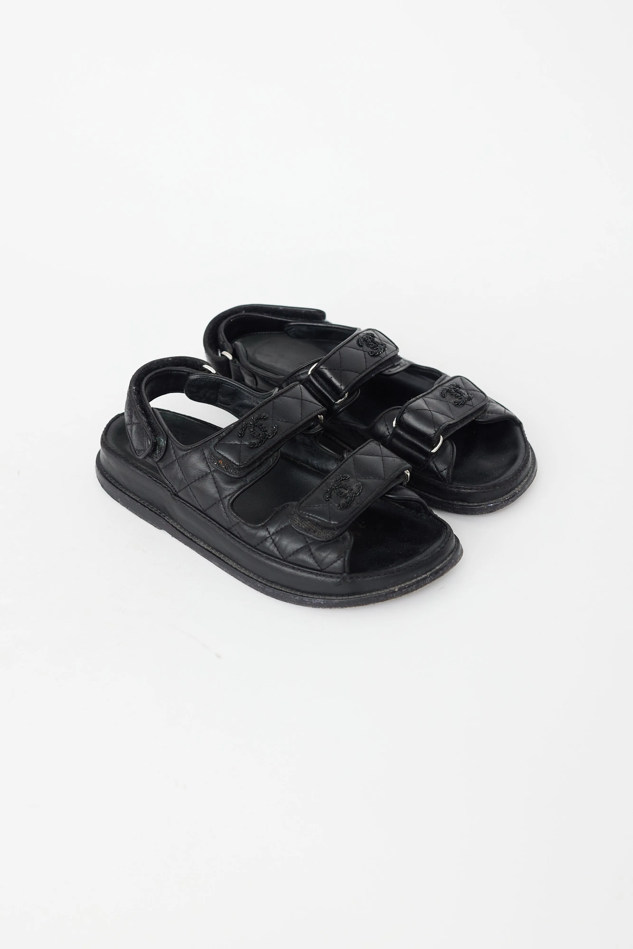 Black Quilted Leather CC Velcro Dad Sandal