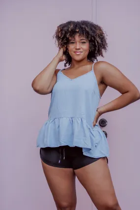Denim Blue Tencel Lace Up Back Tank Top
