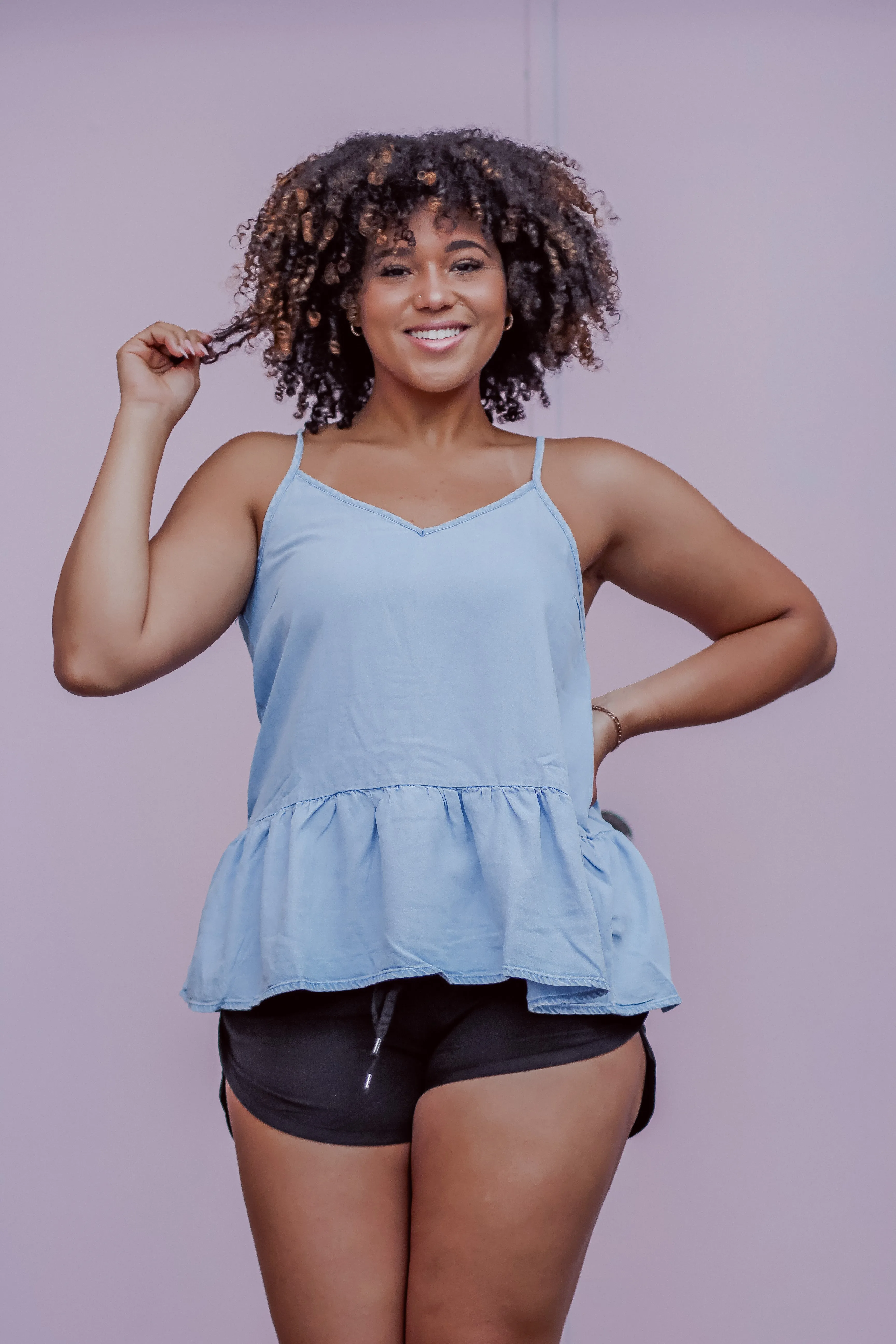 Denim Blue Tencel Lace Up Back Tank Top