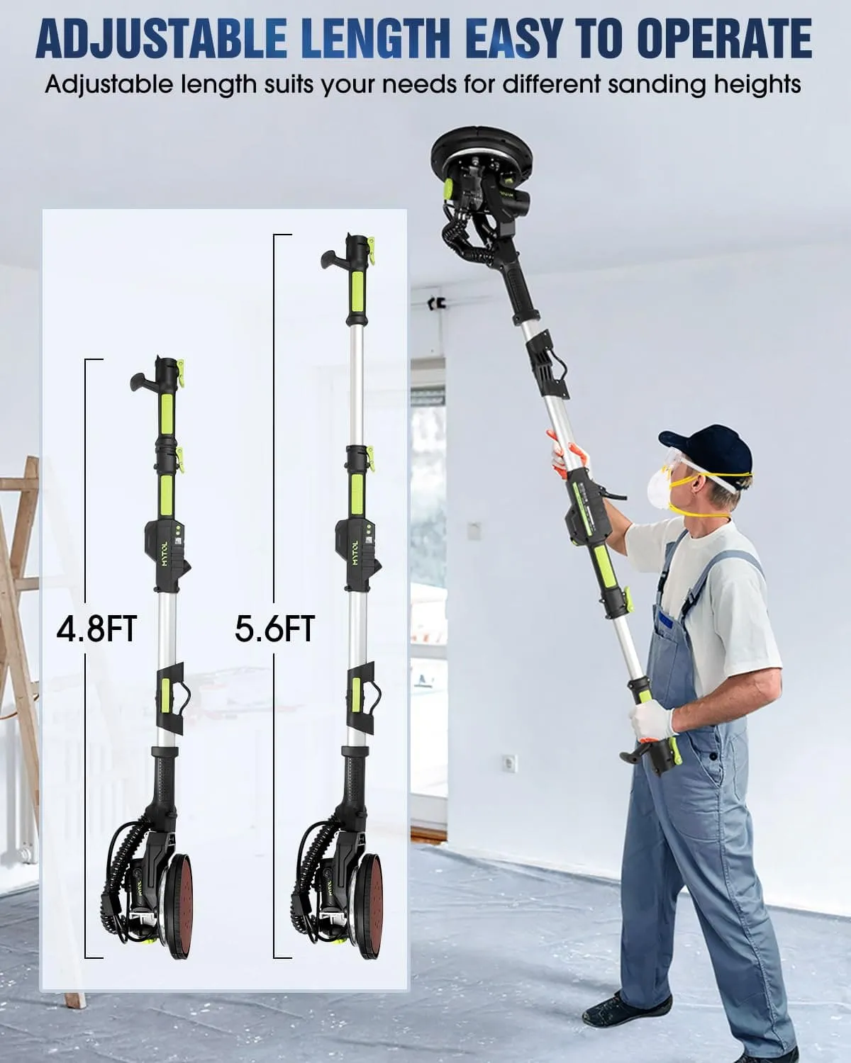 MYTOL Drywall Sander, 7.2A Electric Drywall Sander with Vacuum Dust Collection, 6 Variable Speed 900-1800RPM, LED Light, Foldable & Extendable Handle, 9 Pcs Sanding discs&3 Pcs Grid Sandpaper