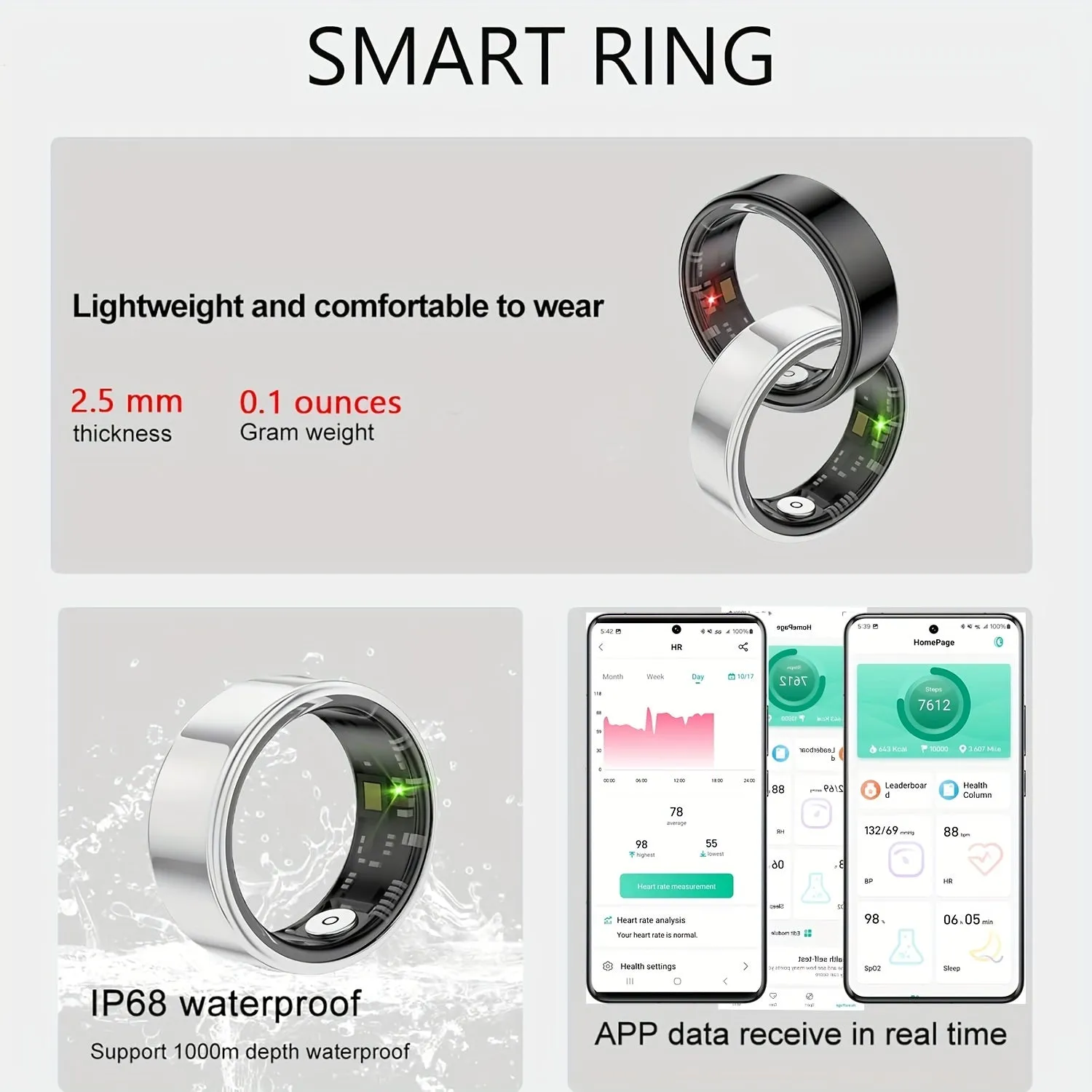 Smart Ring for Women & Men – Activity Tracker with Steps, Distance, Calories, Sleep Monitoring, IP68 Waterproof – Perfect for iPhone & Android – Christmas Stocking Filler