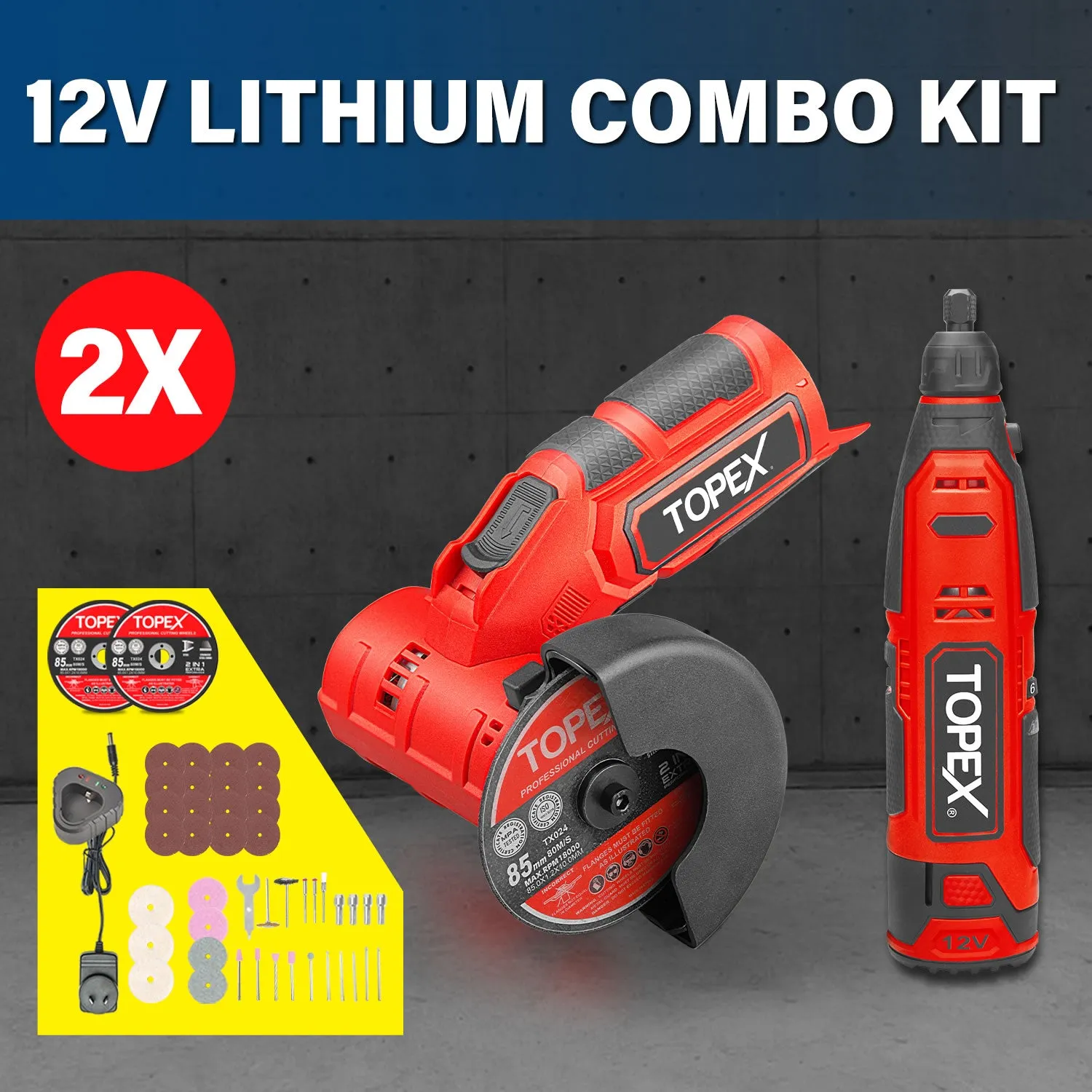 TOPEX 12V Cordless Rotary Tool Speed 5000-25000rpm With 12V Cordless Angle Grinder,12V 2.0Ah Lithium-Ion Battery&14.4V /0.4A charger