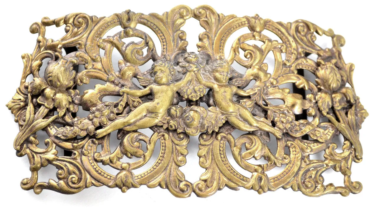 Victorian Brass Repousse Vintage Sash Belt Buckle w/ Ornate Cherubs